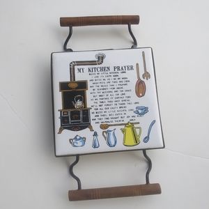 Vintage Ceramic Tile Trivet, Wood Handles, My Kitchen Prayer